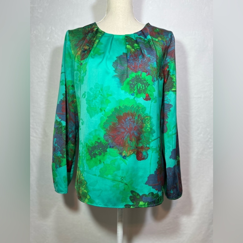 J. Crew Turquoise Floral Long-Sleeve Blouse Size L Pleated Neckline - Picture 8 of 8